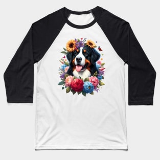 A Bernese Mountain Dog with beautiful colorful flowers Baseball T-Shirt